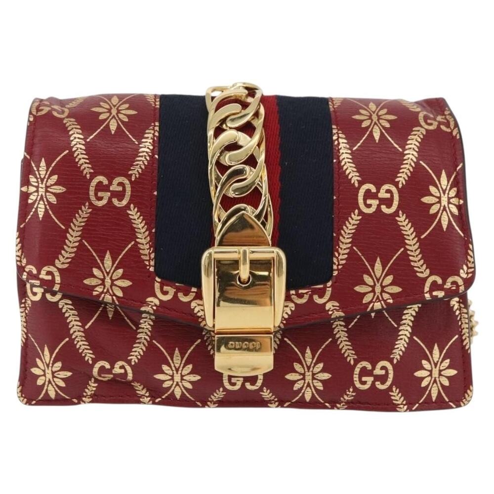 Gucci GG Canvas Sylvie Web Chain Shoulder Bag Leather Red
